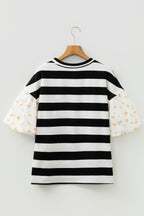 Black Stripe Floral Print Puff Sleeve Patchwork Blouse