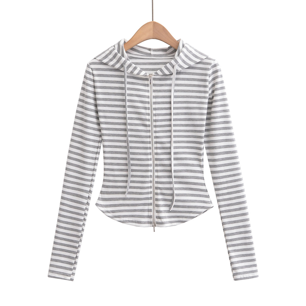 Striped drawstring hooded zipper cardigan top