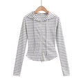 Striped drawstring hooded zipper cardigan top