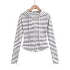 Striped drawstring hooded zipper cardigan top