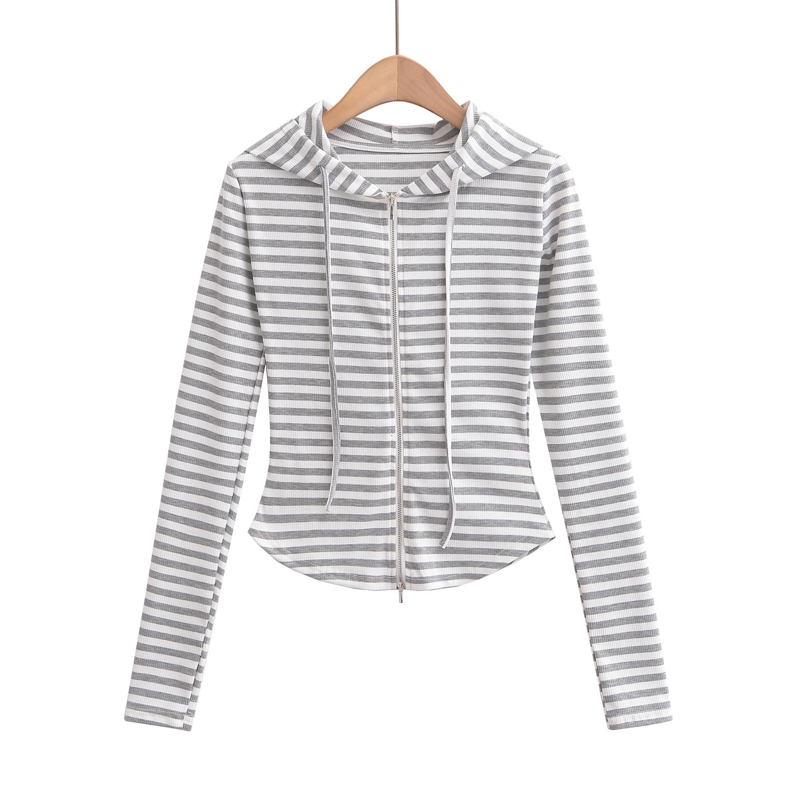 Striped drawstring hooded zipper cardigan top