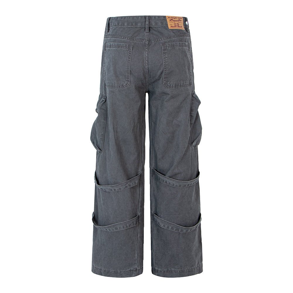 Style High-End Belted Large Pocket Cargo Pants for Men, Retro Streetwear Loose Straight Leg Casual Long Pants