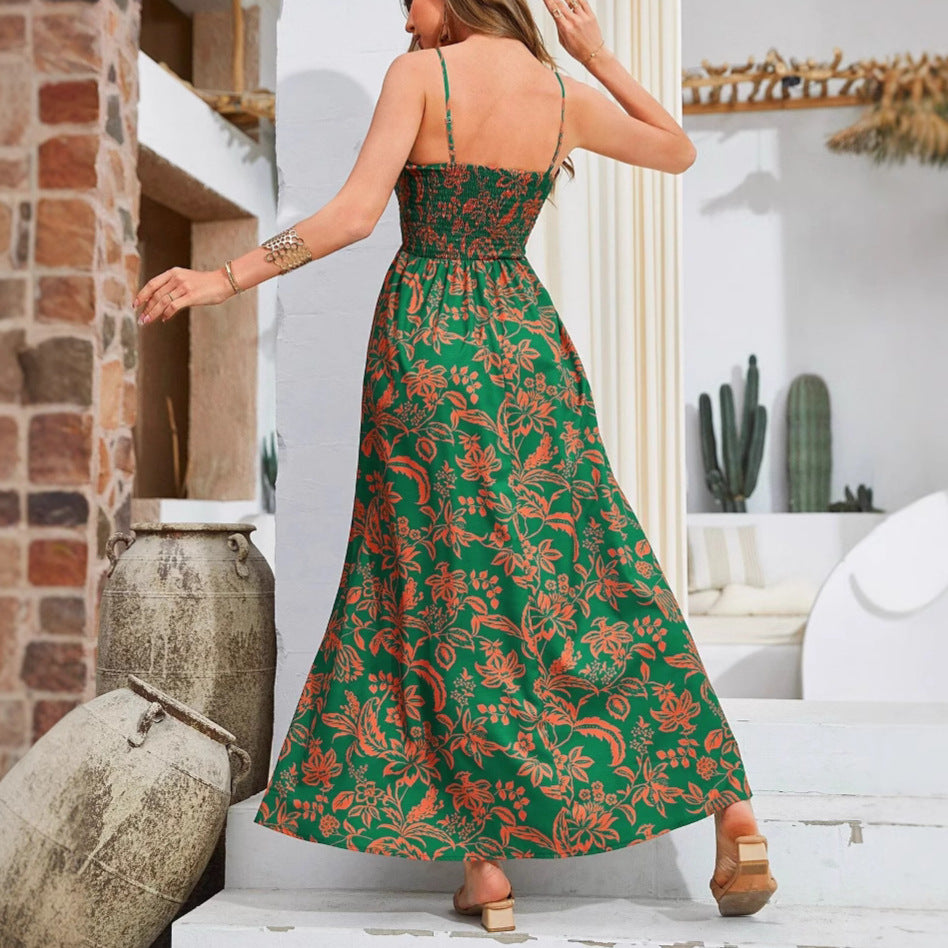 Strap Printed Dress Sleeveless One-Shoulder Long Dress