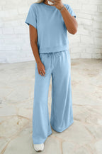 Parchment Solid Color Loose Tee Drawstring Wide Leg Pants 2pcs Outfit