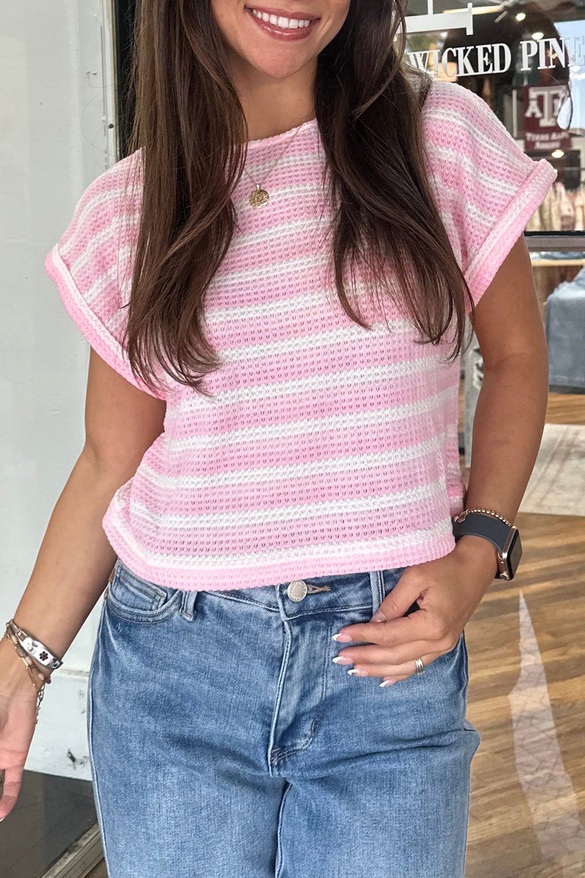 Pink Striped Print Waffle Knit T Shirt