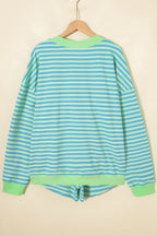 Yellow Stripe Color Block Detail Long Sleeve Pullover Elastic Waist Pull On Shorts 2pcs Set