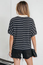 Blue Stripe Stand Collar V Neck Elastic Cuffs Half Sleeve Dolman Top