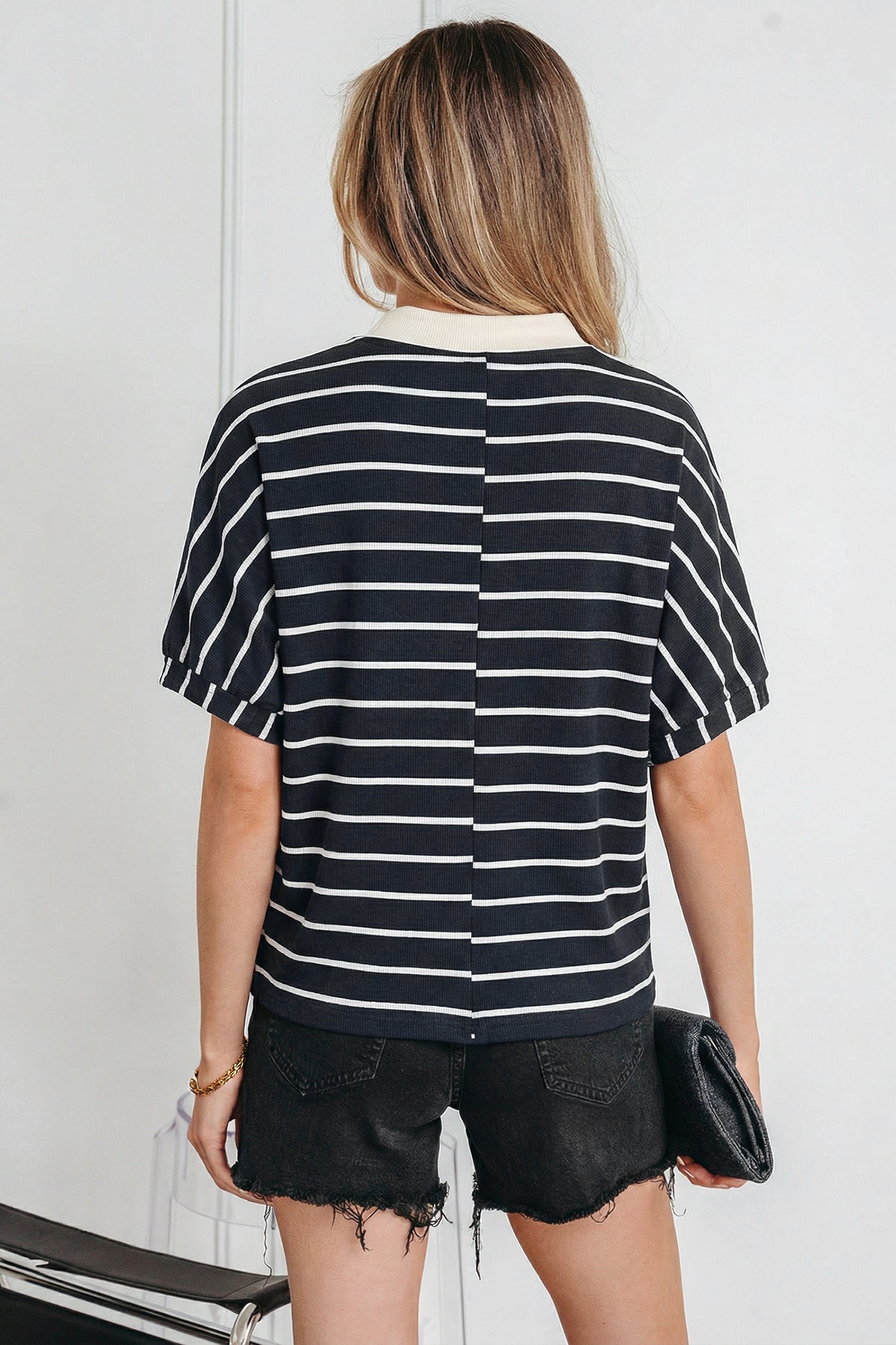 Blue Stripe Stand Collar V Neck Elastic Cuffs Half Sleeve Dolman Top
