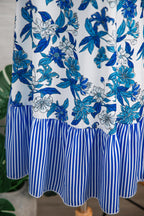 Sky Blue Floral Print U Neck Sleeveless Striped Ruffle Hem Patchwork Dress