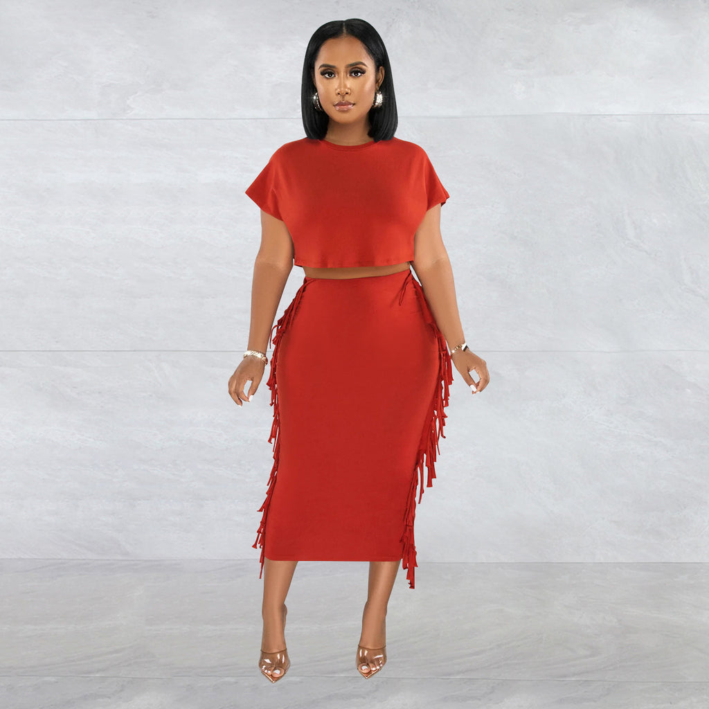 FashionableStyle Solid Color Fringe Round Neck Short Sleeve Long Dress Two-Piece Set