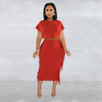FashionableStyle Solid Color Fringe Round Neck Short Sleeve Long Dress Two-Piece Set
