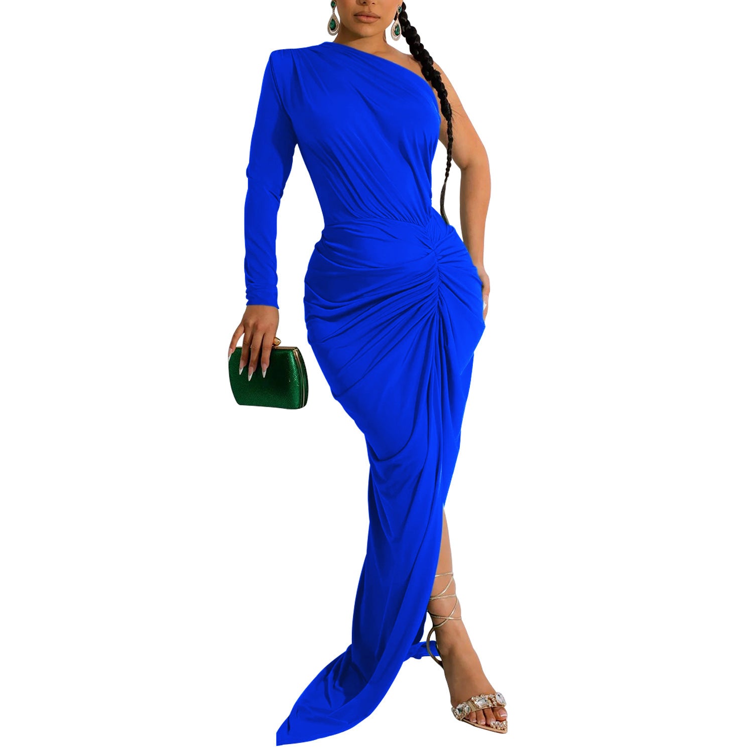 Fashion Women's Solid Color Asymmetrical Neck Single Long Sleeve Long Dress with Pleats