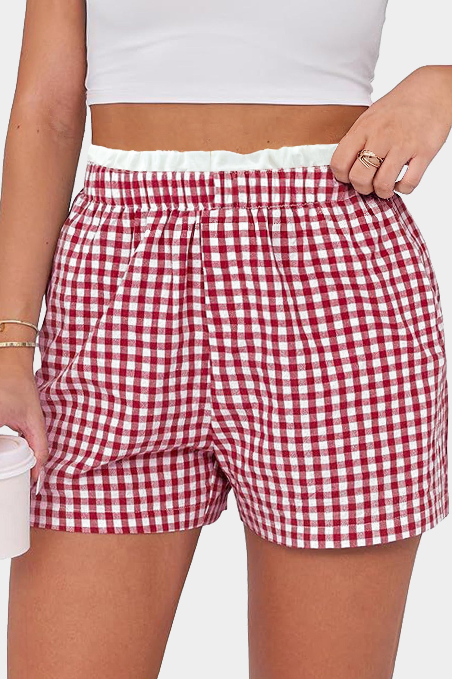 Black Contrast Trim Plaid Print Plus Size Shorts