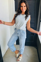 Beau Blue High Rise Barrel Relaxed Patch Pocket Jeans