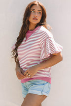 Parchment Contrast Detail Striped Ruffle Short Sleeve Top