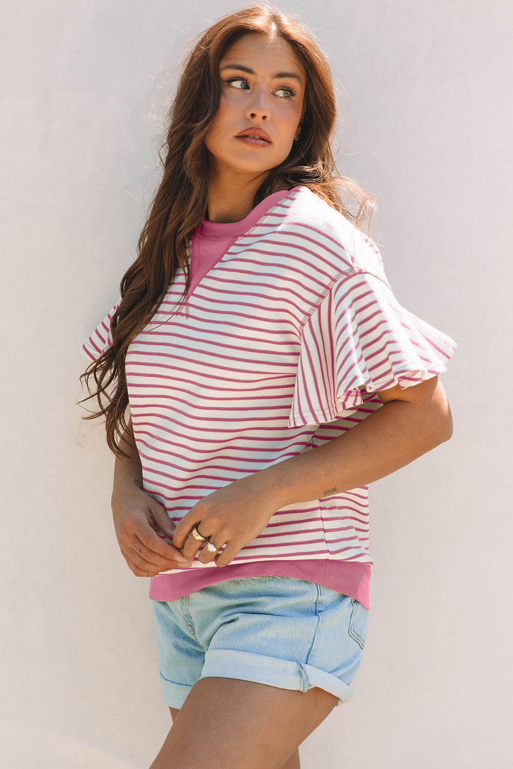 Parchment Contrast Detail Striped Ruffle Short Sleeve Top