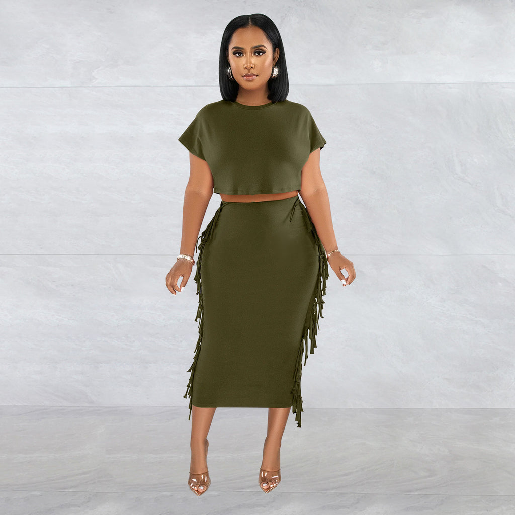 FashionableStyle Solid Color Fringe Round Neck Short Sleeve Long Dress Two-Piece Set