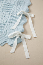 Beau Blue Pointelle Knit Patterned Scalloped Trim Short Sleeve Sweater