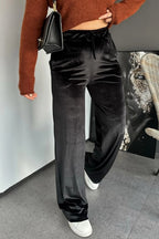 Black Shiny Velvet Drawstring High Waist Straight Leg Casual Pants