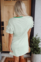 Black Stripe Ruffled Short Sleeve Crew Neck T Shirt Shift Mini Dress