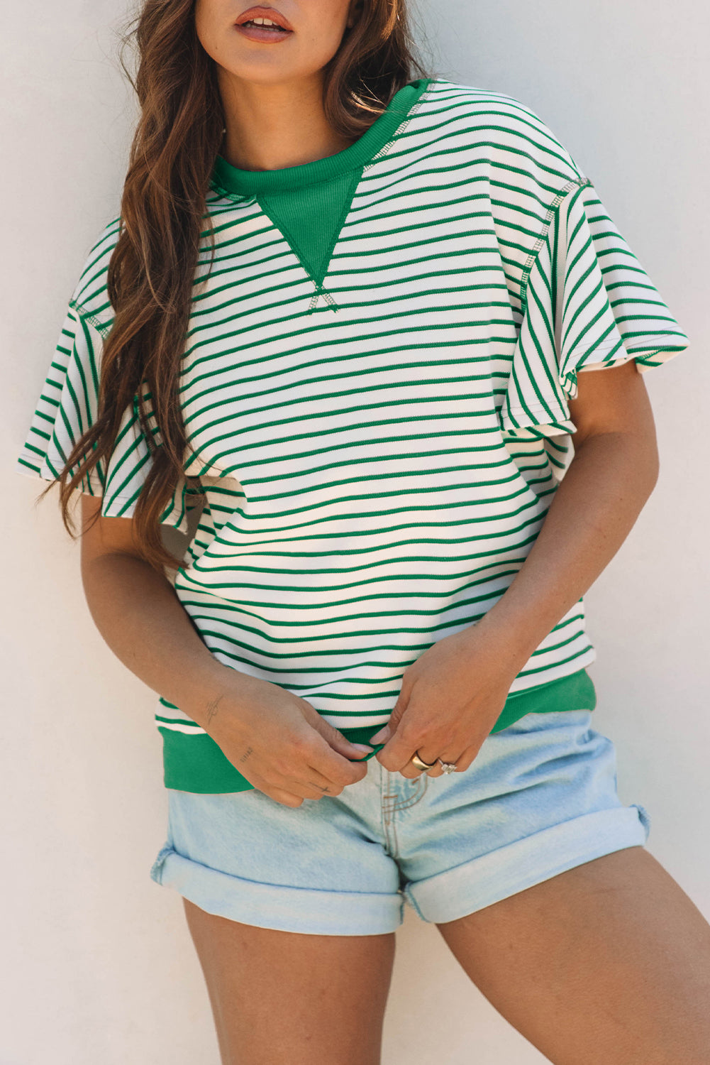 Parchment Contrast Detail Striped Ruffle Short Sleeve Top