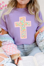 Wisteria Easter Floral Cross Christian Casual Tee