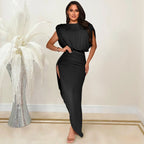 Fashion Solid Color Women's Round Neck Sleeveless Pleated Asymmetrical Slit Long Dress