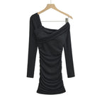 Ruched Off-Shoulder Long Sleeve Slim Fit Bodycon Short Dress