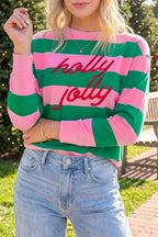 Red Stripe holly jolly Letter Embroidered Pullover Sweatshirt
