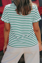 Red Stripe Scalloped Trim Round Neck T Shirt