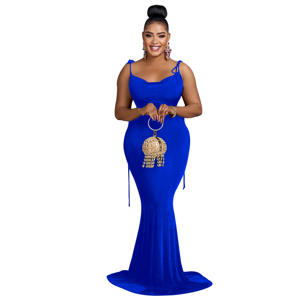 Fashionable Pure Color Sleeveless Long Dress with Shoulder Ties for Women