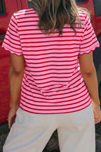 Red Stripe Scalloped Trim Round Neck T Shirt
