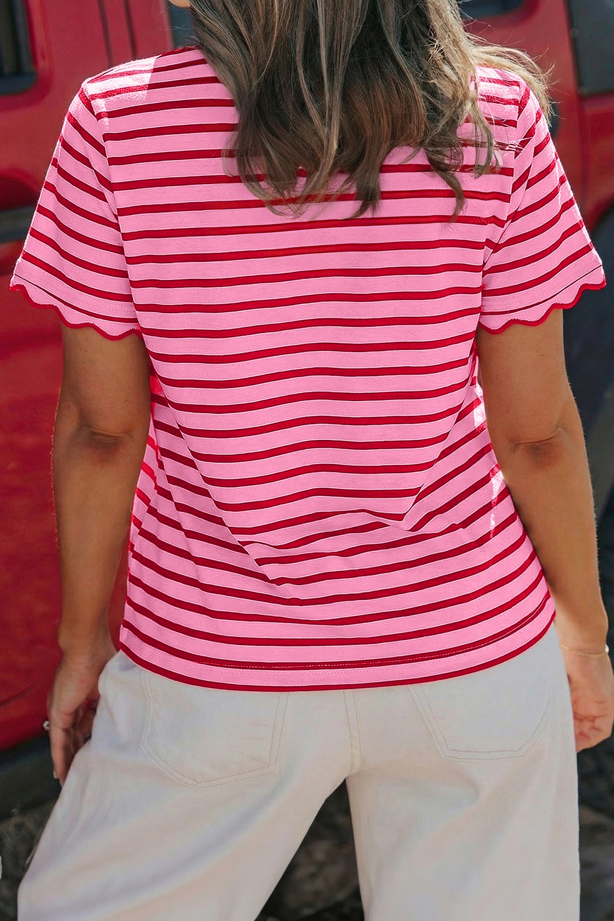 Red Stripe Scalloped Trim Round Neck T Shirt