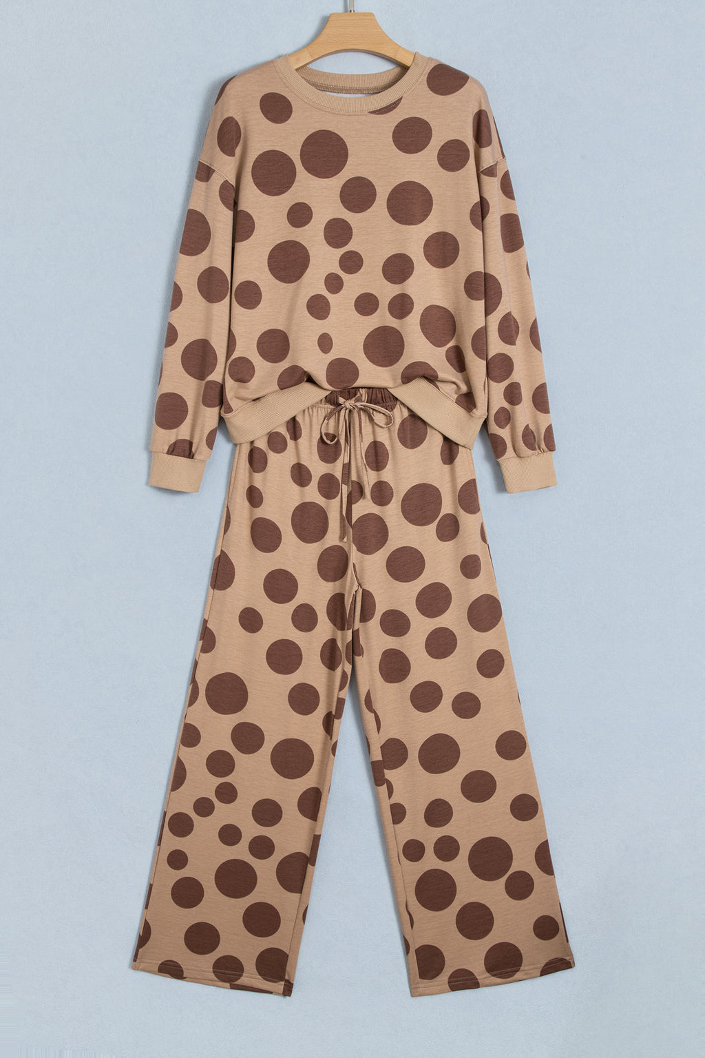 Khaki Polka Dot Long Sleeve Top Drawstring Relaxed Pants Set