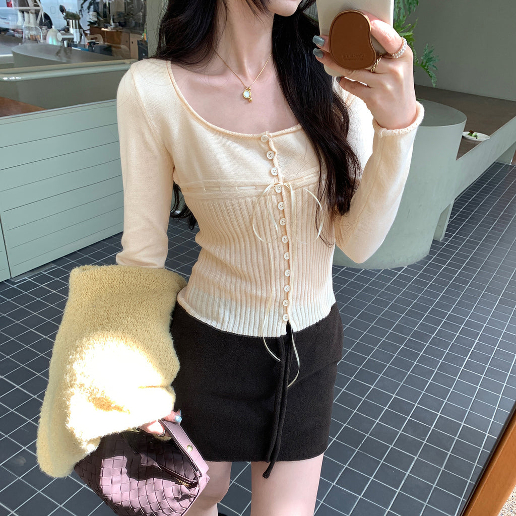 waist inner layer knit top for women, slim fit, long sleeve, pure and sexy