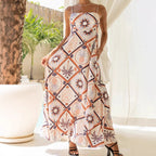 Summer Strap Abstract Tile Print Long Dress Bohemian Pocket Maxi Dress Beach Vacation Flowy Skirt