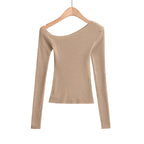 Slanted shoulder off shoulder slim fit long sleeved top