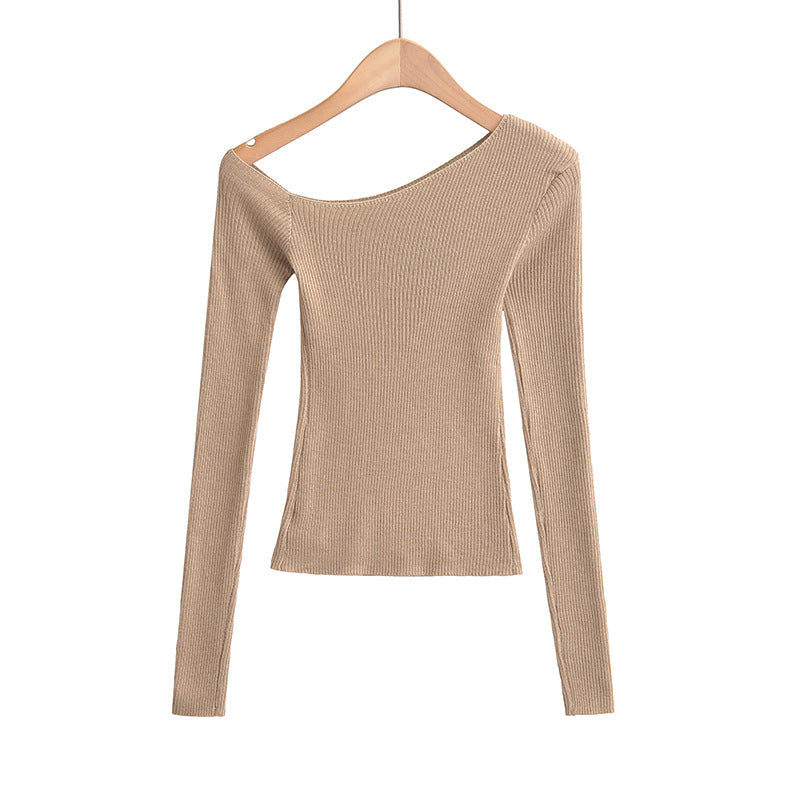 Slanted shoulder off shoulder slim fit long sleeved top