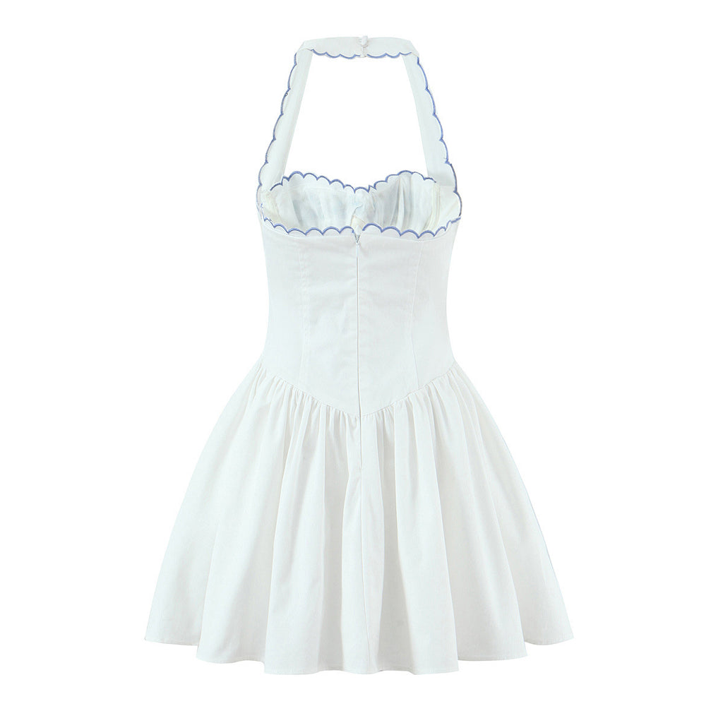Embroidered neck hanging collar slim mini dress