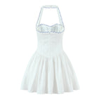 Embroidered neck hanging collar slim mini dress