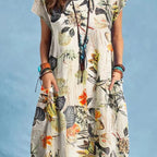 Style Printed Cap Sleeve Round Neck Patch Pocket A-line Dress