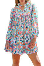 Khaki Abstract Printed Long Sleeve Tied Neckline Mini Dress