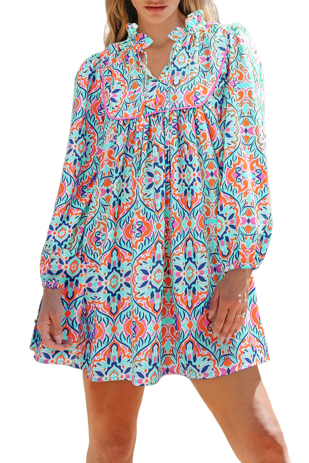 Khaki Abstract Printed Long Sleeve Tied Neckline Mini Dress