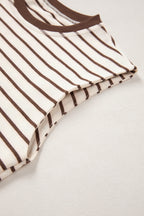 Brown Stripe Ribbed Round Neck Trim Loose Tank Top