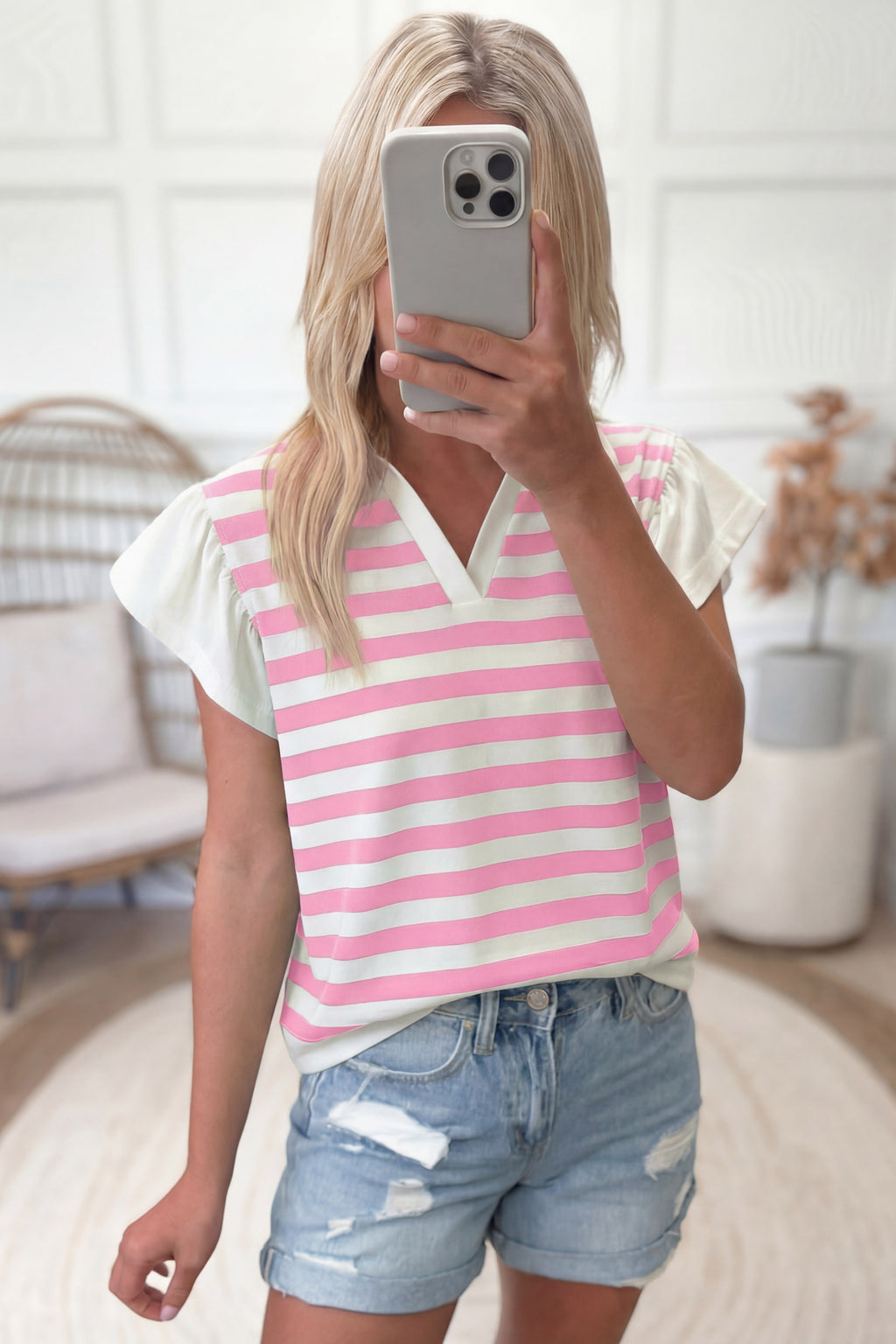 Green Stripe Collar V Neck Ruffled Short Sleeve Blouse