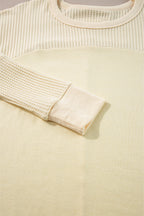 Beige Thermal Knit Patchwork Exposed Seam Long Sleeve Top