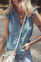 Beau Blue Frilly Ruffle Trim V Neck Chambray Tank Top