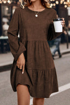 Dark Brown Lantern Sleeve Tiered Mini Dress