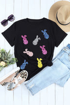 Black Sequin Bunny Doll Graphic Easter Day T Shirt