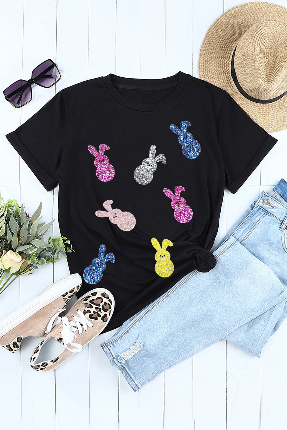 Black Sequin Bunny Doll Graphic Easter Day T Shirt